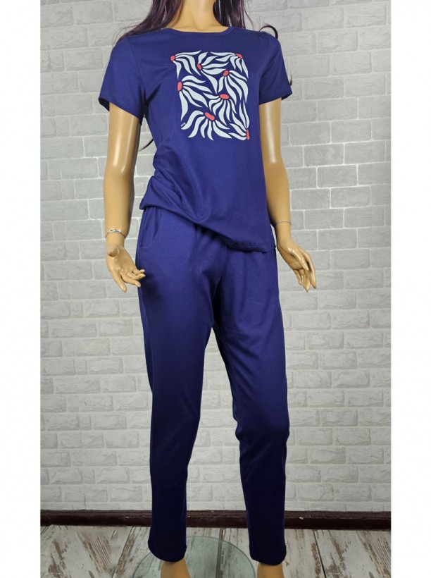 Дамкса пролетна пижам къс ръкав с дълго долнище в синьо